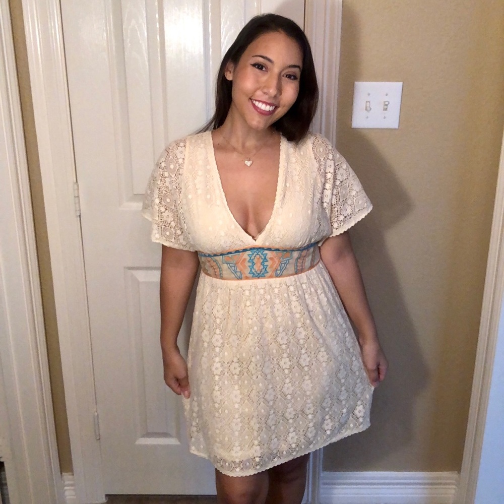 Cream Lace Dress with an Open Back and Aztec Inspired Design